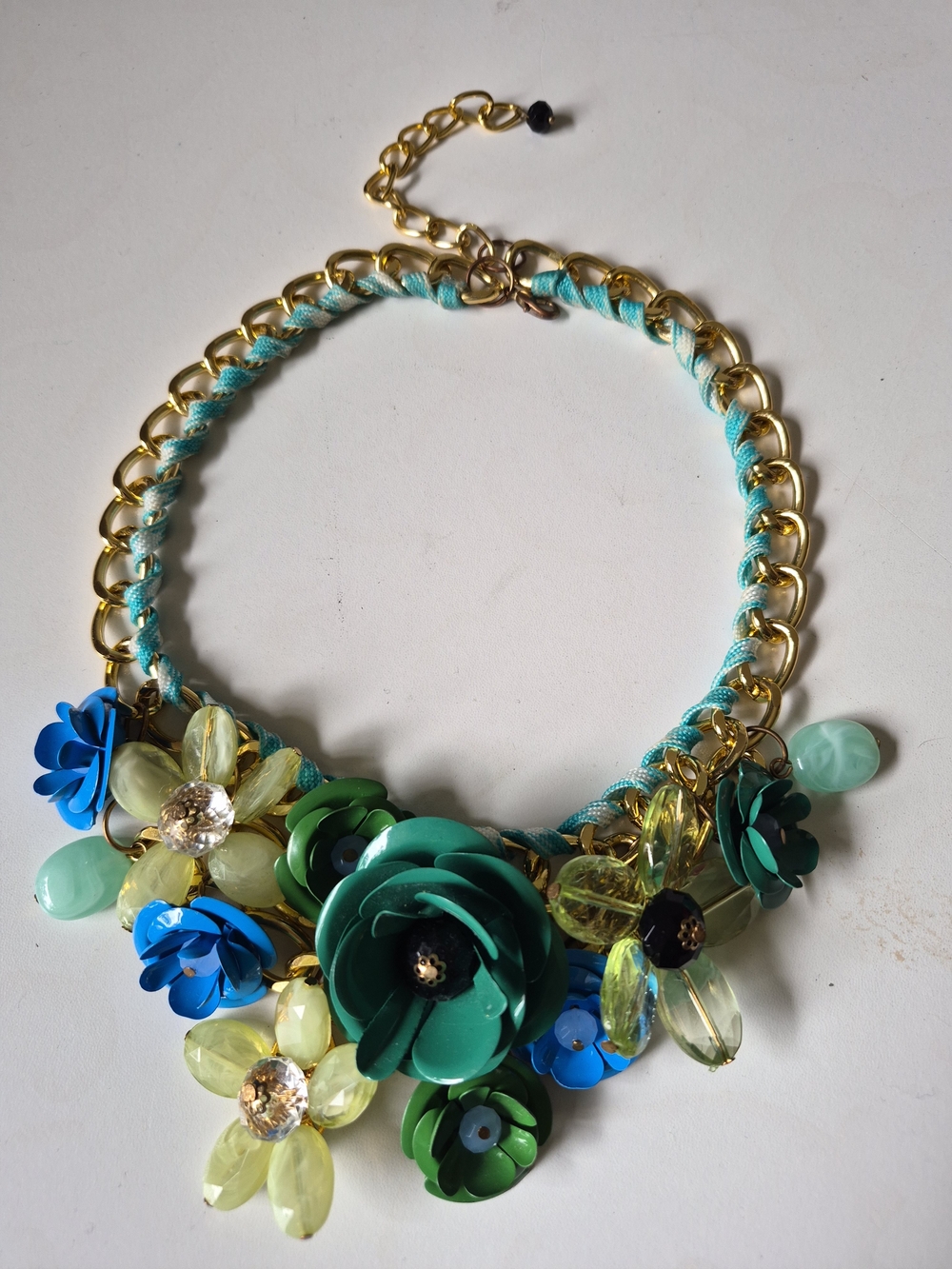 Gold Chain Statement Necklace with Teal & Blue Floral Accents